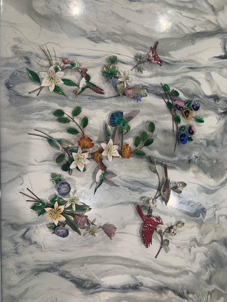 7 Vintage Enamel Wall Cooper Sculptures by Bovano of Cheshire, florals and birds