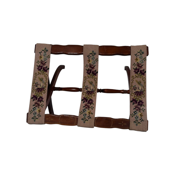 Early 1900's Folding Luggage Rack Stand Handmade Embroidered Floral Tapestry