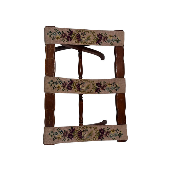 Early 1900's Folding Luggage Rack Stand Handmade Embroidered Floral Tapestry