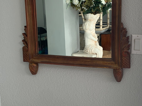 French Louis XVI Style Vintage Carved Wall Mirror W/ Garden Tools & Basket Roses
