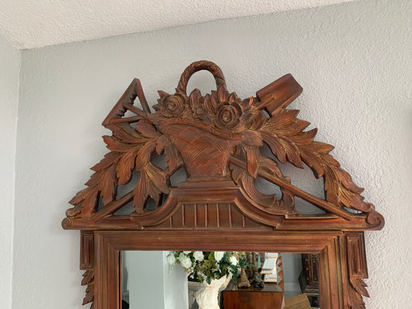 French Louis XVI Style Vintage Carved Wall Mirror W/ Garden Tools & Basket Roses