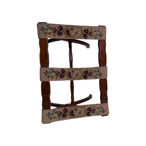 Early 1900's Folding Luggage Rack Stand Handmade Embroidered Floral Tapestry