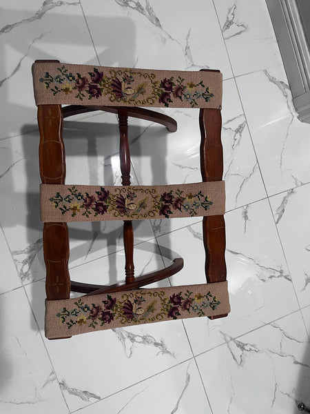 Early 1900's Folding Luggage Rack Stand Handmade Embroidered Floral Tapestry