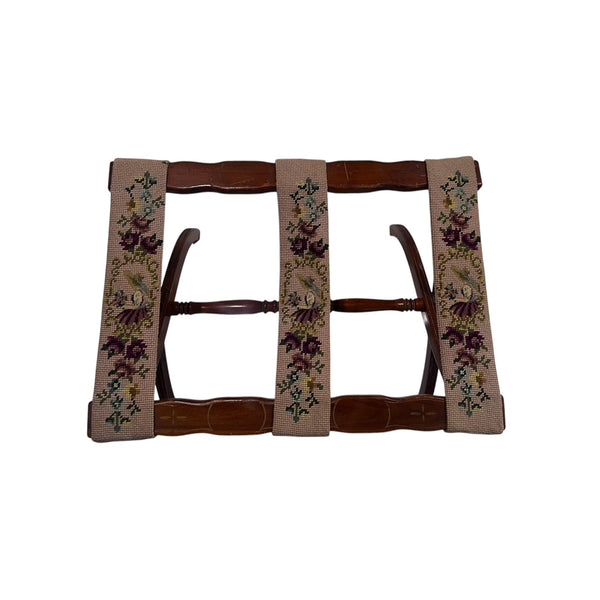 Early 1900's Folding Luggage Rack Stand Handmade Embroidered Floral Tapestry