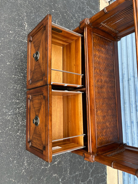 Tommy Bahama Rattan Bookcase Etagere with metal file holders