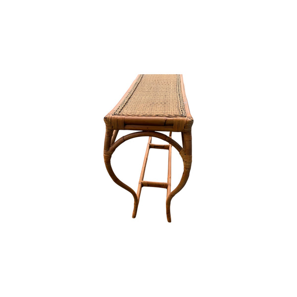 Vintage Bamboo Rattan Curved Leg Coastal Regency Console Table