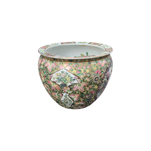 Vintage Chinese Pink Green Gold Floral Koi Fish Bowl Planter H 12”