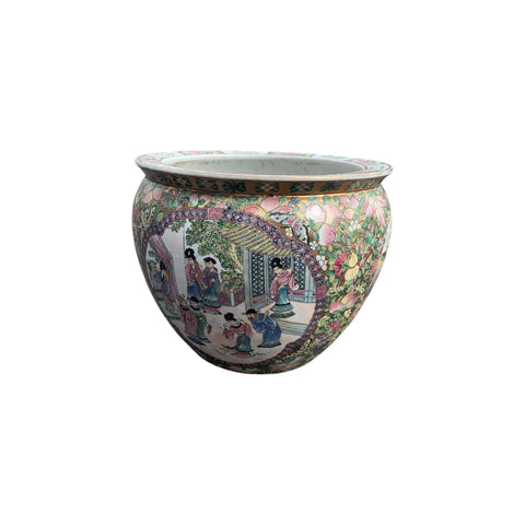 Vintage Chinese Pink Green Gold Floral Koi Fish Bowl Planter H 12”
