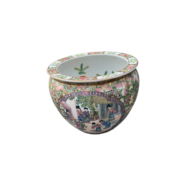 Vintage Chinese Pink Green Gold Floral Koi Fish Bowl Planter H 12”