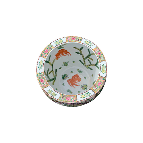 Vintage Chinese Pink Green Gold Floral Koi Fish Bowl Planter H 12”