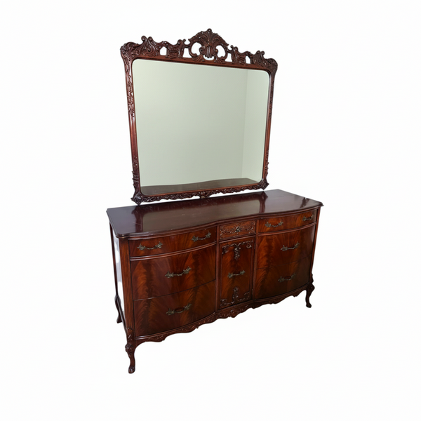 Vanleigh Attributed Early 1900s Flame Mahogany Carved Dresser /mirror Louis XV