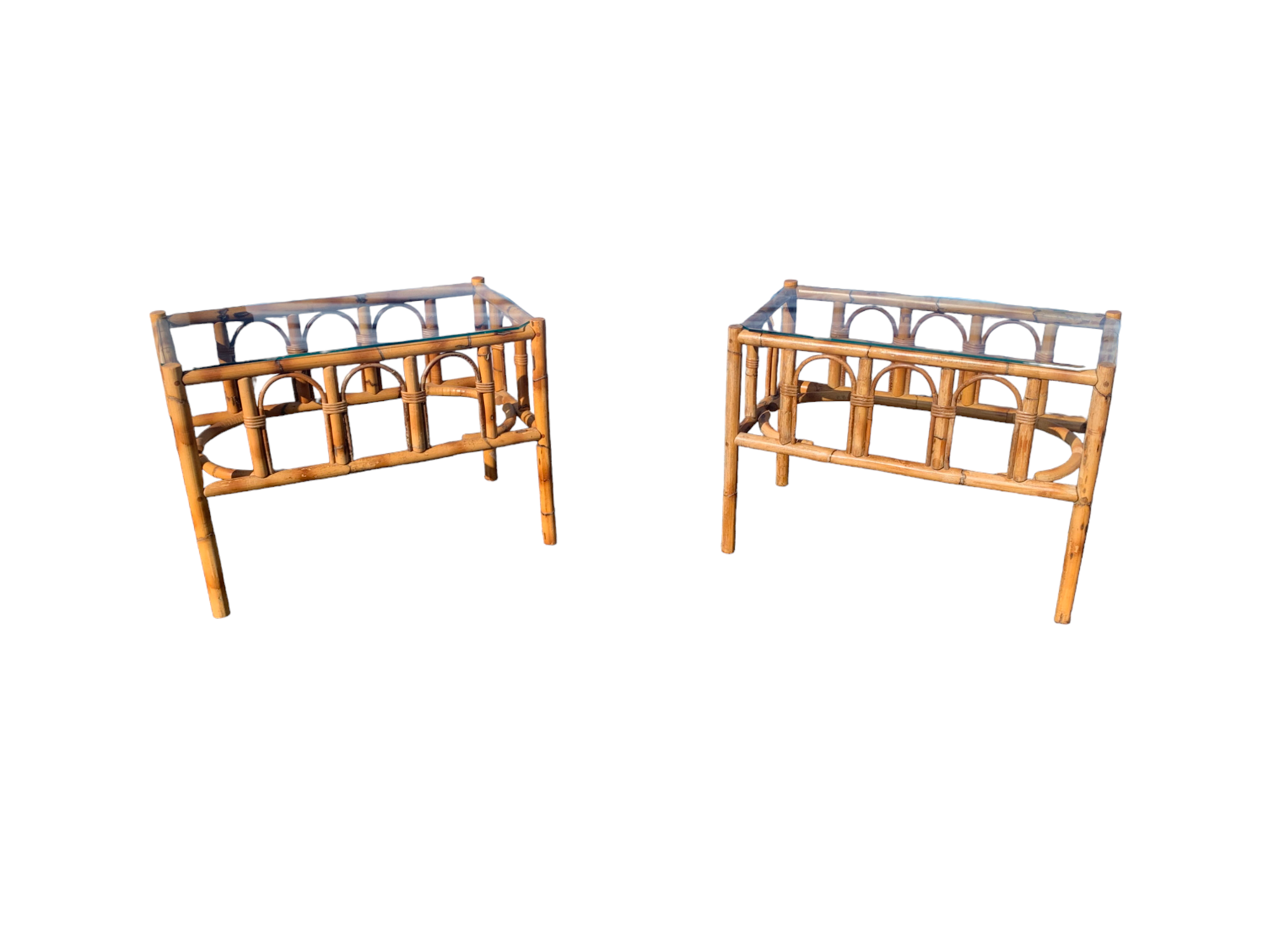 Bent Bamboo coffee Tables side end tables with glass top a Pair