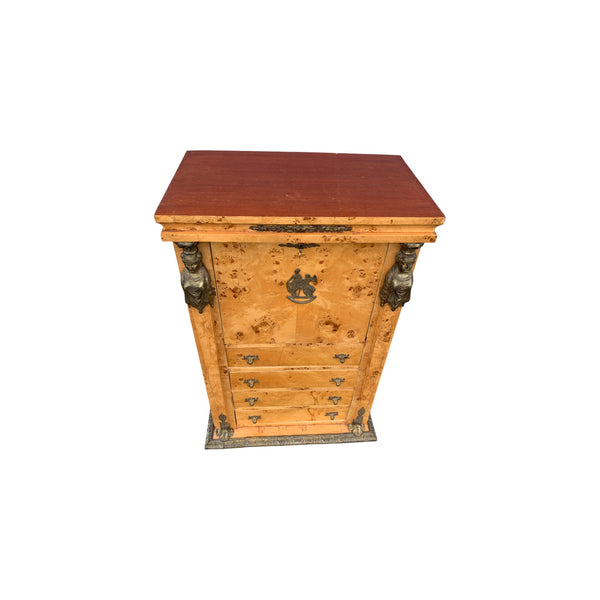 Vintage French Empire Burlwood Secretaire a Abattant desk with key