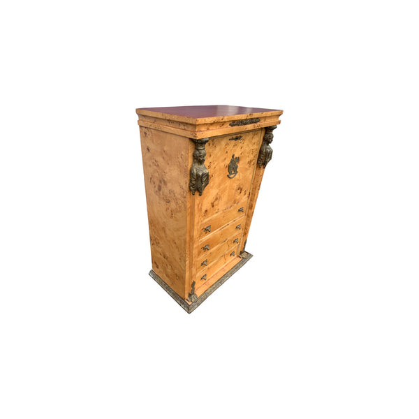 Vintage French Empire Burlwood Secretaire a Abattant desk with key