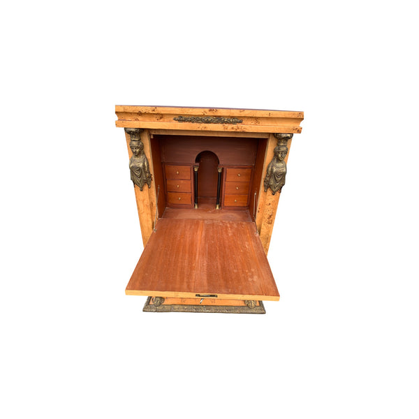 Vintage French Empire Burlwood Secretaire a Abattant desk with key