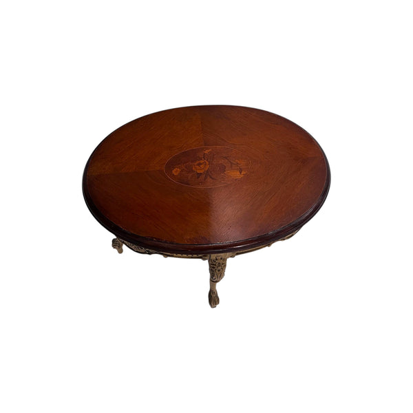 French Style Wood Carved Oval Inlaid Top Table With Glass Top Tray Accent