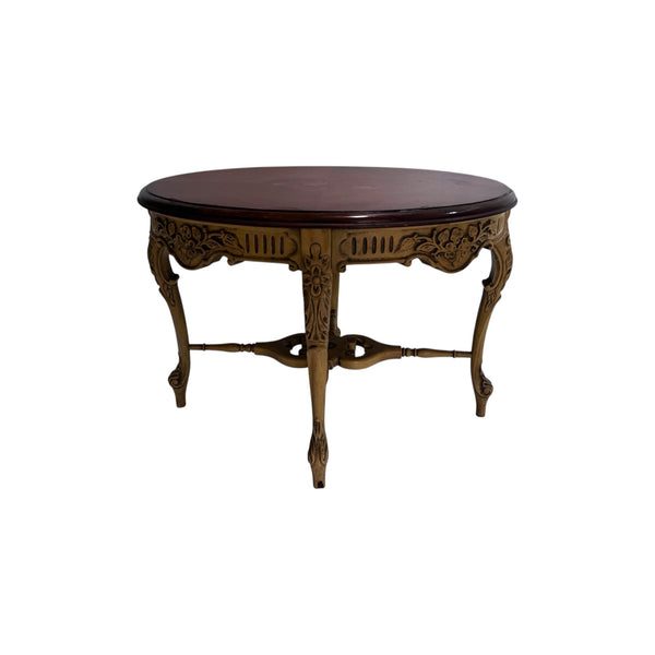 French Style Wood Carved Oval Inlaid Top Table With Glass Top Tray Accent