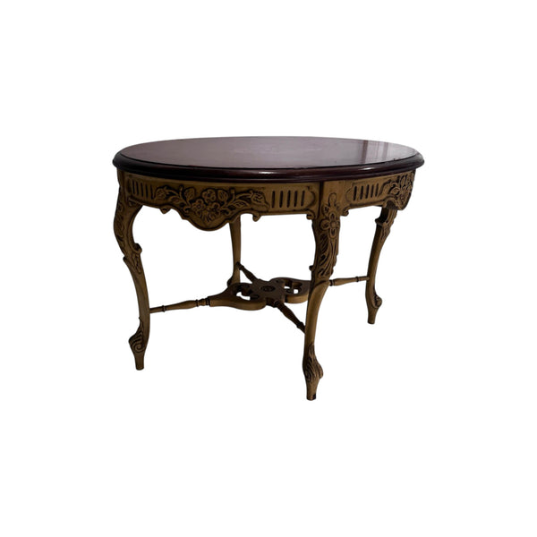 French Style Wood Carved Oval Inlaid Top Table With Glass Top Tray Accent