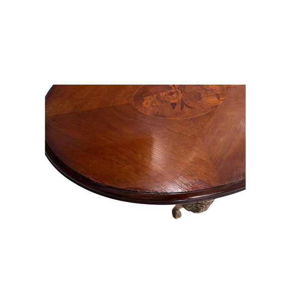 French Style Wood Carved Oval Inlaid Top Table With Glass Top Tray Accent
