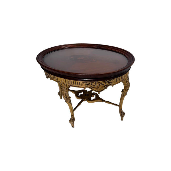 French Style Wood Carved Oval Inlaid Top Table With Glass Top Tray Accent