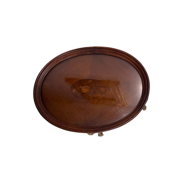 French Style Wood Carved Oval Inlaid Top Table With Glass Top Tray Accent