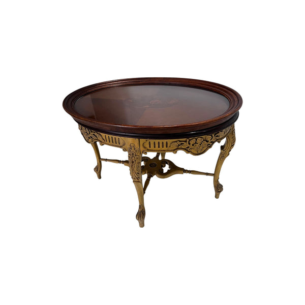 French Style Wood Carved Oval Inlaid Top Table With Glass Top Tray Accent