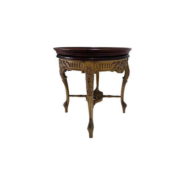 French Style Wood Carved Oval Inlaid Top Table With Glass Top Tray Accent