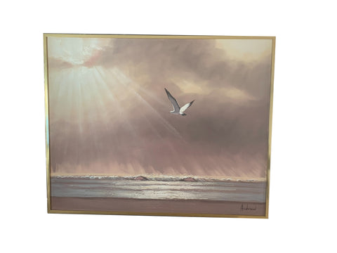 Ocean Oil on canvas Painting Seagull Beach Waves Coastal Decor Large 50” W