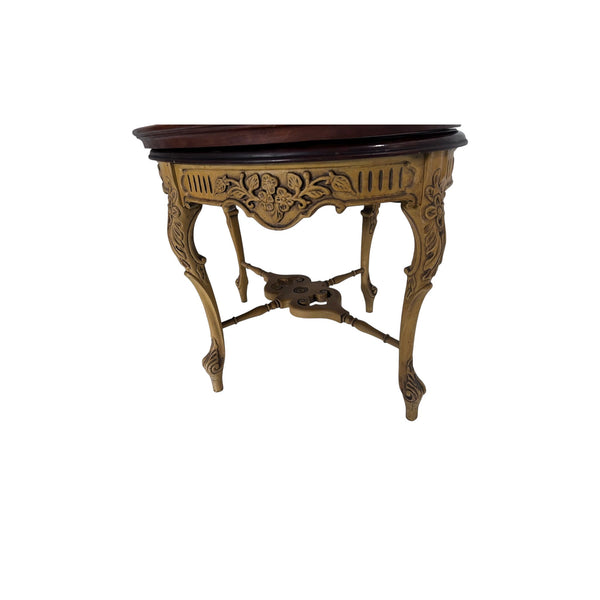 French Style Wood Carved Oval Inlaid Top Table With Glass Top Tray Accent
