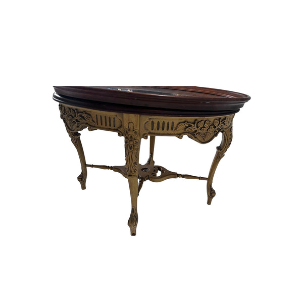 French Style Wood Carved Oval Inlaid Top Table With Glass Top Tray Accent