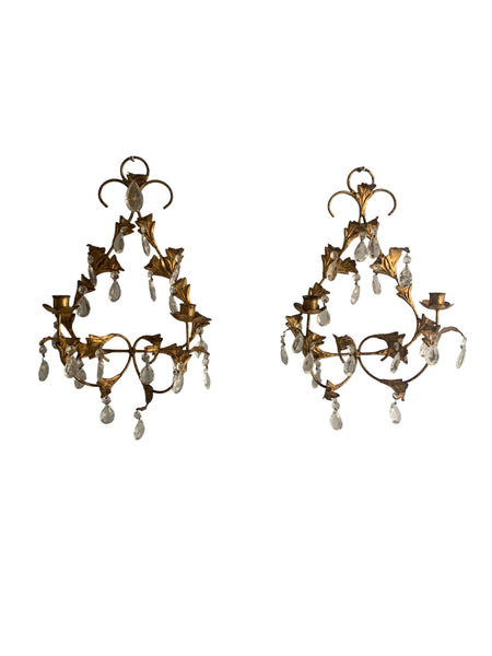 Vintage Florentine Candle Sconce Gold Gilt Leaf crystal teardrops a pair