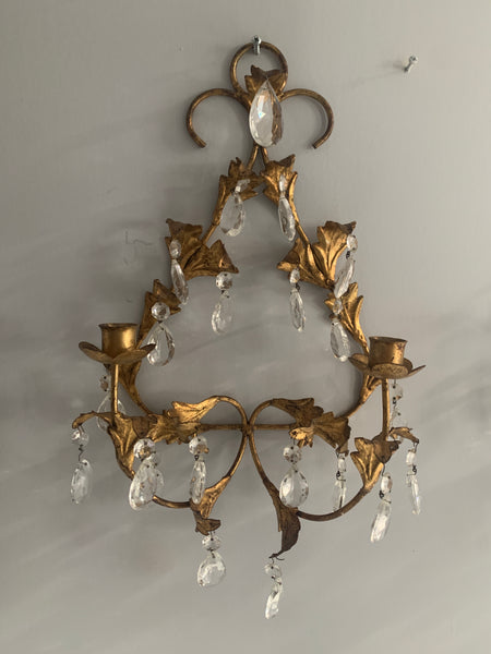 Vintage Florentine Candle Sconce Gold Gilt Leaf crystal teardrops a pair