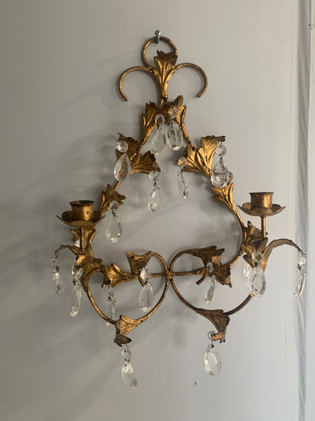 Vintage Florentine Candle Sconce Gold Gilt Leaf crystal teardrops a pair