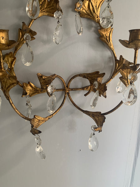 Vintage Florentine Candle Sconce Gold Gilt Leaf crystal teardrops a pair