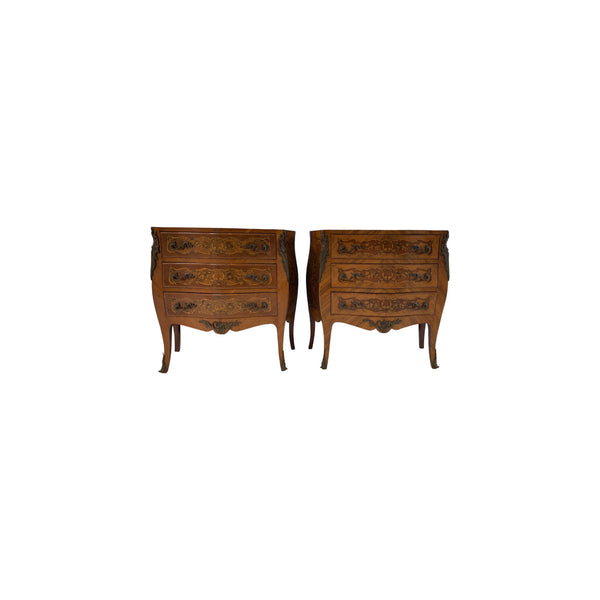 Pair of Marquetry French Bombe Inlaid Chests of 3 Drawers, Louis XV with marble top