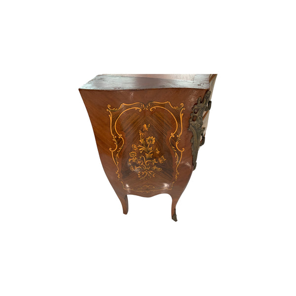 Pair of Marquetry French Bombe Inlaid Chests of 3 Drawers, Louis XV with marble top