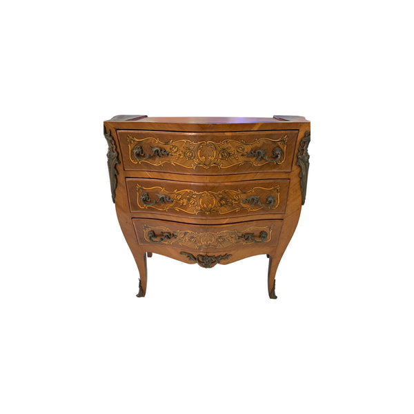 Pair of Marquetry French Bombe Inlaid Chests of 3 Drawers, Louis XV with marble top