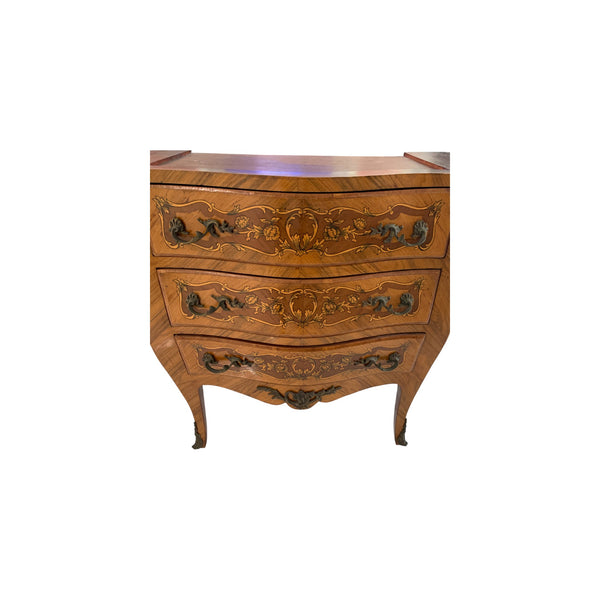 Pair of Marquetry French Bombe Inlaid Chests of 3 Drawers, Louis XV with marble top