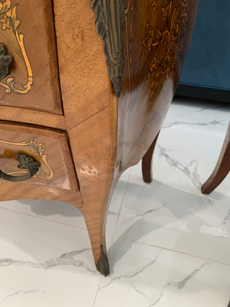 Pair of Marquetry French Bombe Inlaid Chests of 3 Drawers, Louis XV with marble top