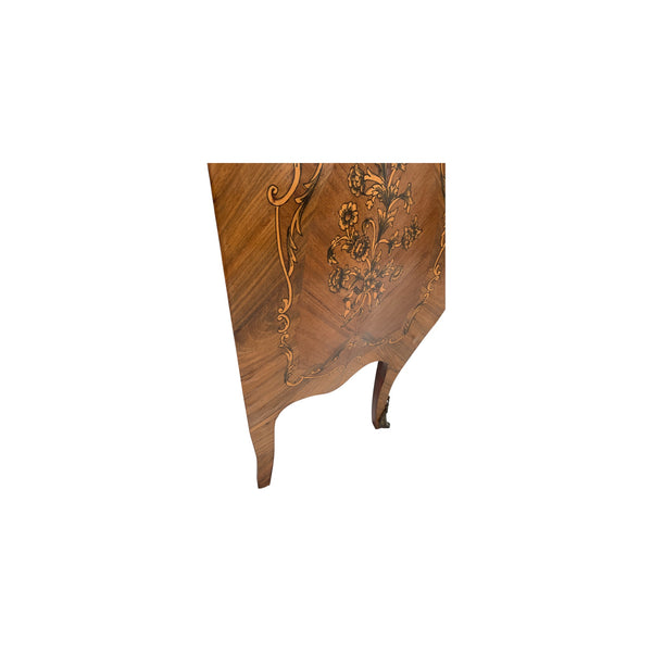Pair of Marquetry French Bombe Inlaid Chests of 3 Drawers, Louis XV with marble top