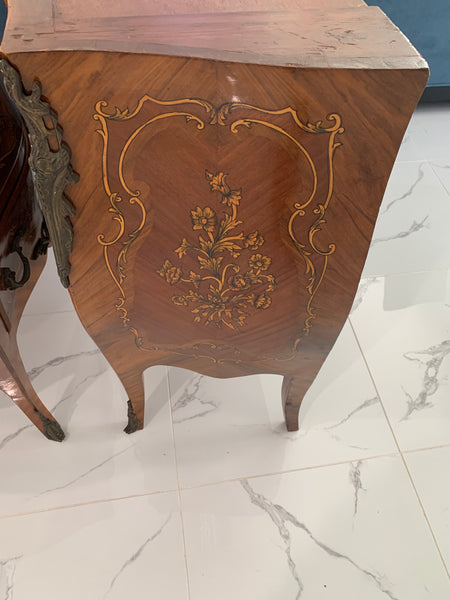 Pair of Marquetry French Bombe Inlaid Chests of 3 Drawers, Louis XV with marble top