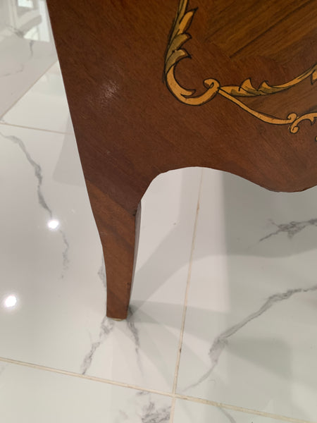 Pair of Marquetry French Bombe Inlaid Chests of 3 Drawers, Louis XV with marble top