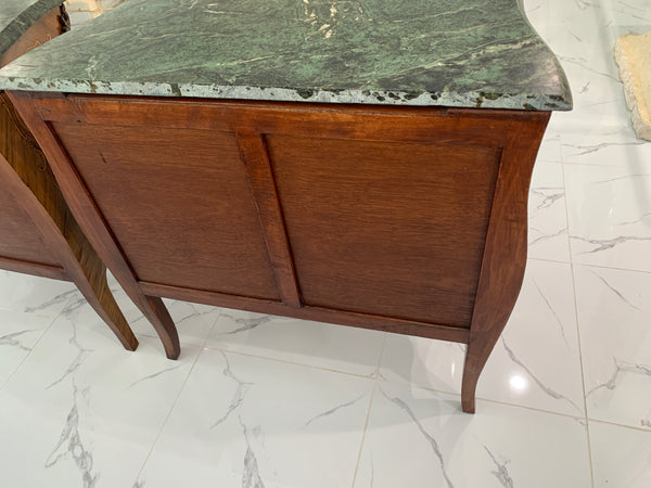 Pair of Marquetry French Bombe Inlaid Chests of 3 Drawers, Louis XV with marble top