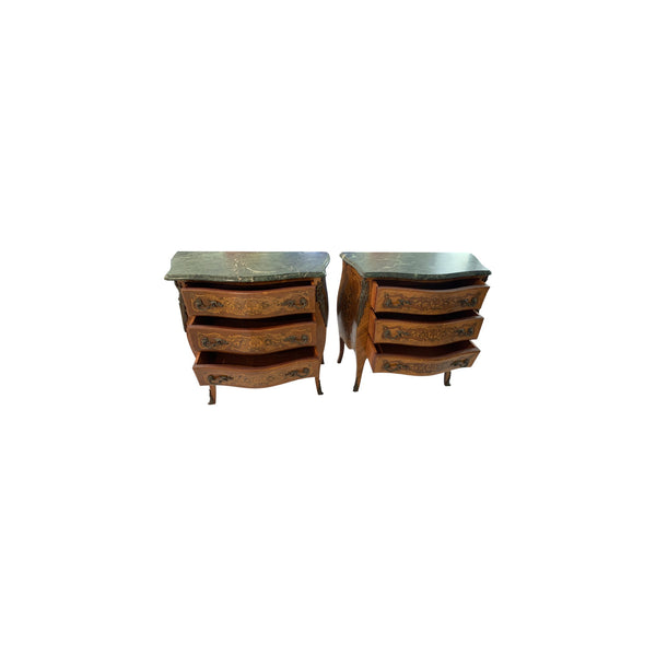 Pair of Marquetry French Bombe Inlaid Chests of 3 Drawers, Louis XV with marble top