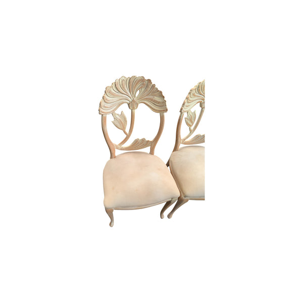 Lime Wash Lotus Floral Carved Dining chairs set In the Manner of Phyllis Morris