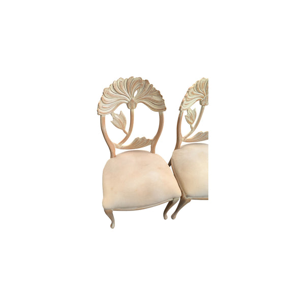 Lime Wash Lotus Floral Carved Dining chairs set In the Manner of Phyllis Morris