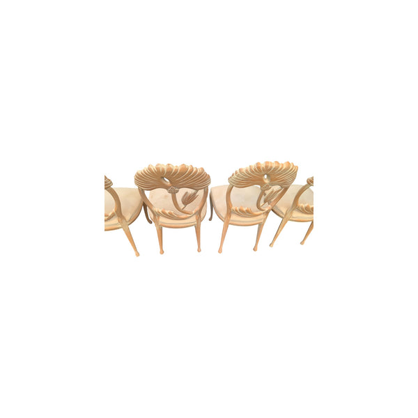 Lime Wash Lotus Floral Carved Dining chairs set In the Manner of Phyllis Morris