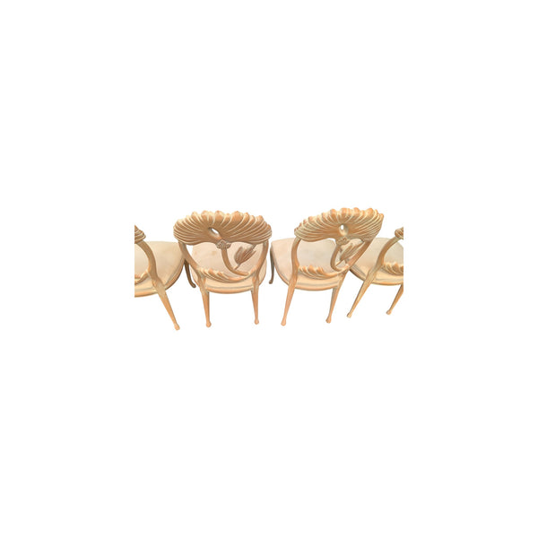 Lime Wash Lotus Floral Carved Dining chairs set In the Manner of Phyllis Morris
