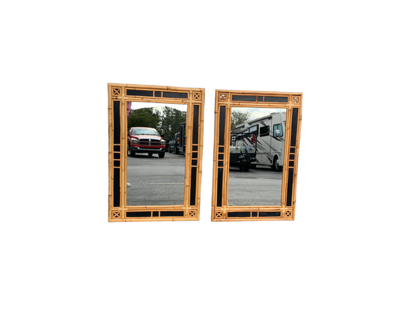 Pair of bamboo and black lacquer mirrors in the style of Vivai Del Sud.