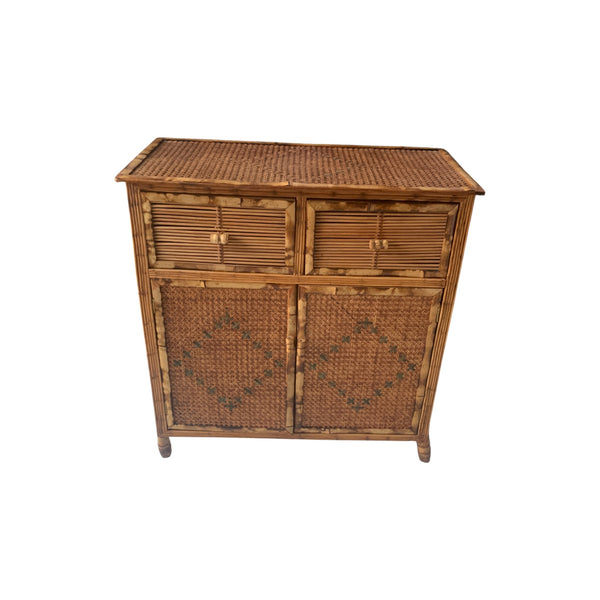 Burnt Bamboo and Cane Coastal Woven Rattan Cabinet